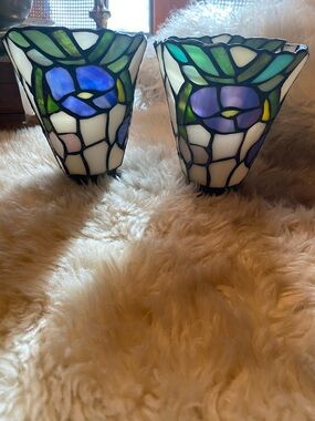 Vintage Pair of Stained Glass Light Shades in Lavender and Green